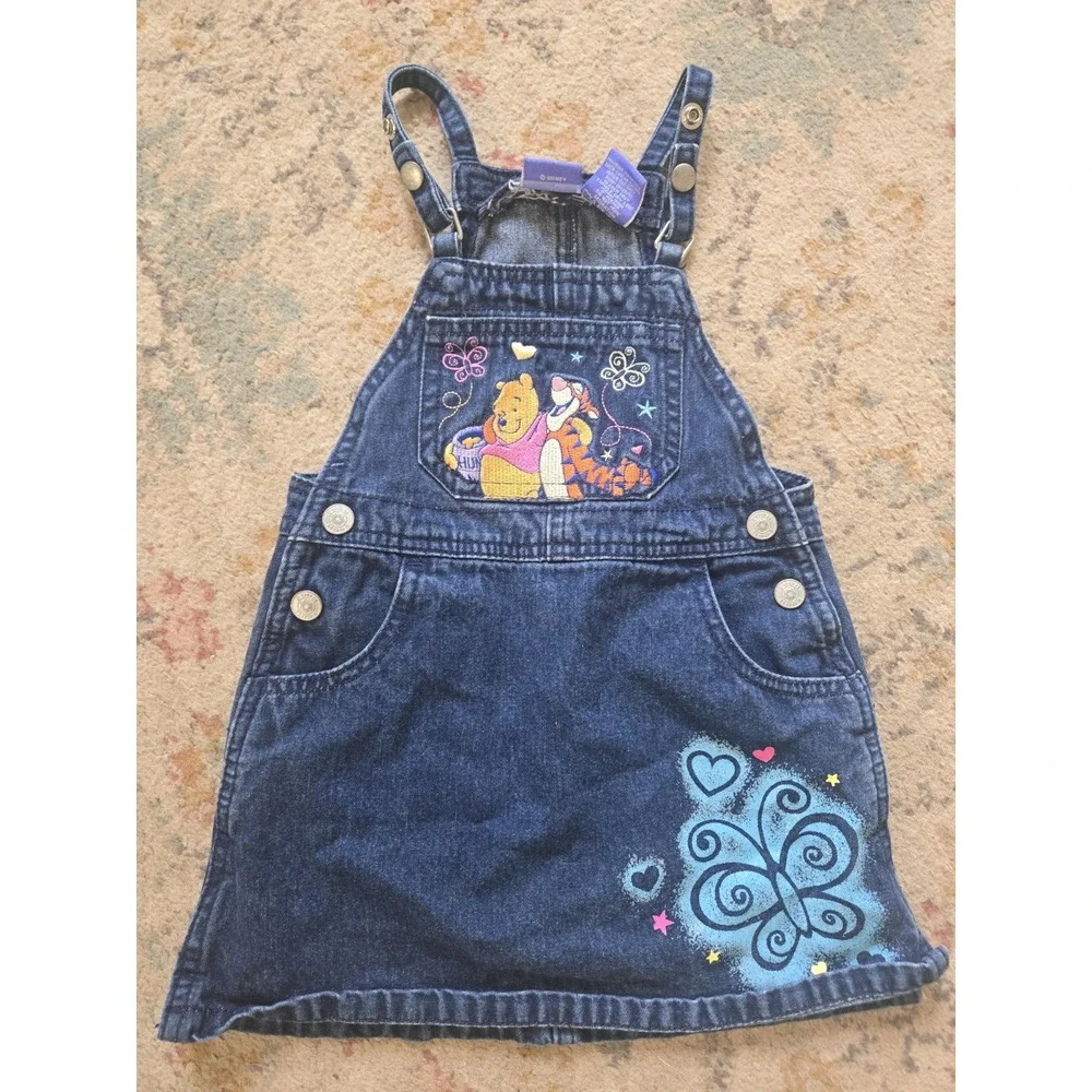 VTG Disney Winnie The Pooh Denim Jumper Dress Girls 2T Tigger Embroidered 90s